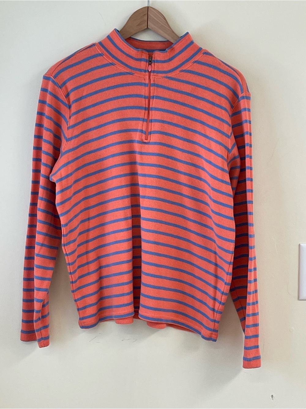 L.L.Bean Stripe 1/4 Zip Mock Neck Sweater Women’s XL 100% Cotton Coral Blue